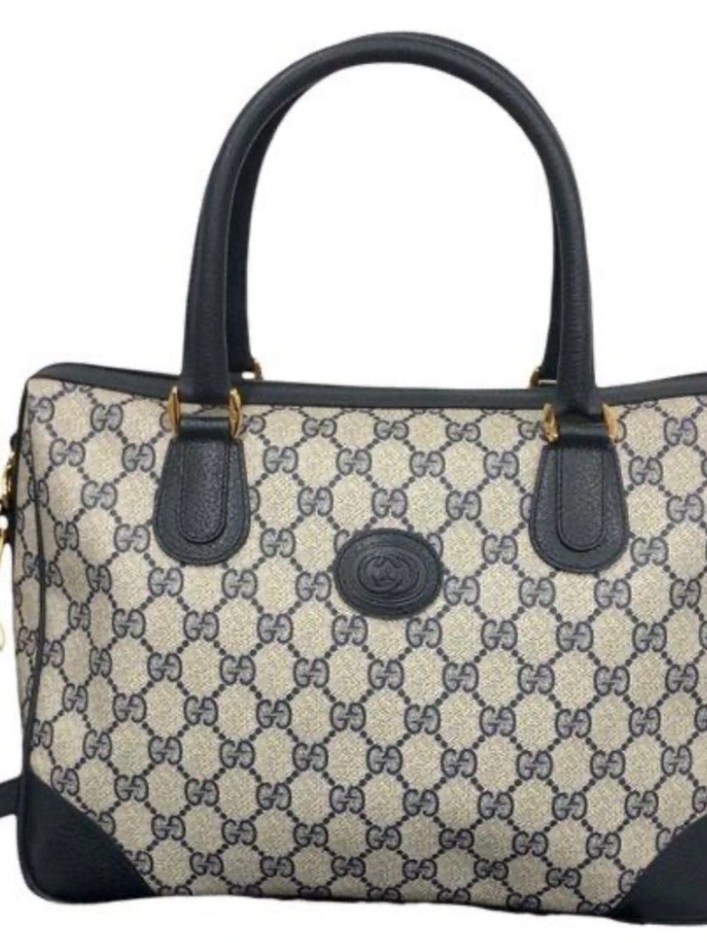 Gucci Beige GG Canvas Tote with Navy Leather Trim